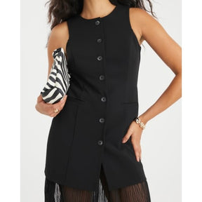 Black Plisse Sleeveless Waistcoat Maxi Dress
