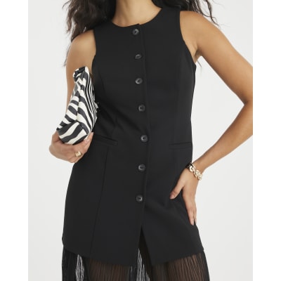 Black Plisse Sleeveless Waistcoat Maxi Dress