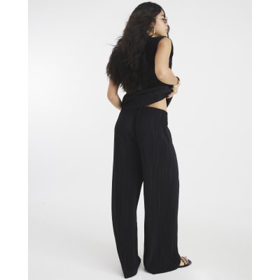 Black Plisse Wide Leg Trousers