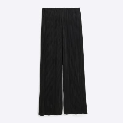 Black Plisse Wide Leg Trousers