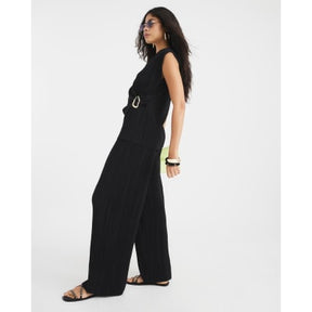Black Plisse Wide Leg Trousers