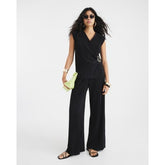 Black Plisse Wide Leg Trousers