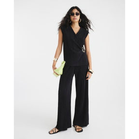 Black Plisse Wide Leg Trousers