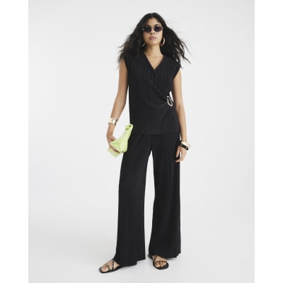 Black Plisse Wide Leg Trousers