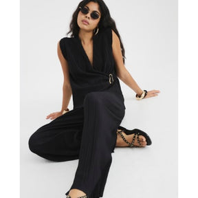 Black Plisse Wide Leg Trousers