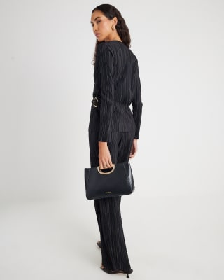 Black Plisse Wide Leg Trousers