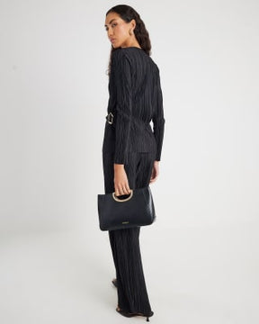 Black Plisse Wide Leg Trousers