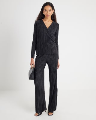 Black Plisse Wide Leg Trousers
