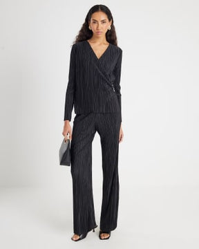 Black Plisse Wide Leg Trousers