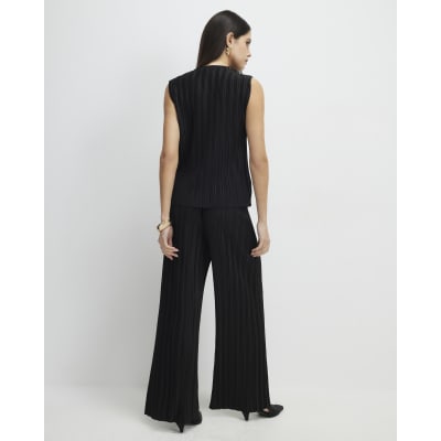 Black Plisse Wide Leg Trousers