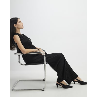 Black Plisse Wide Leg Trousers