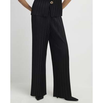 Black Plisse Wide Leg Trousers