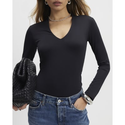 Black Plunge Neckline Long Sleeve Bodysuit
