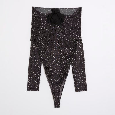 Black Polka Dot Corsage Bardot Bodysuit