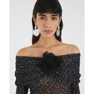 Black Polka Dot Corsage Bardot Bodysuit