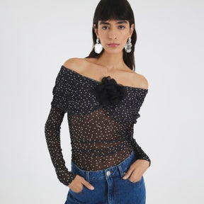 Black Polka Dot Corsage Bardot Bodysuit