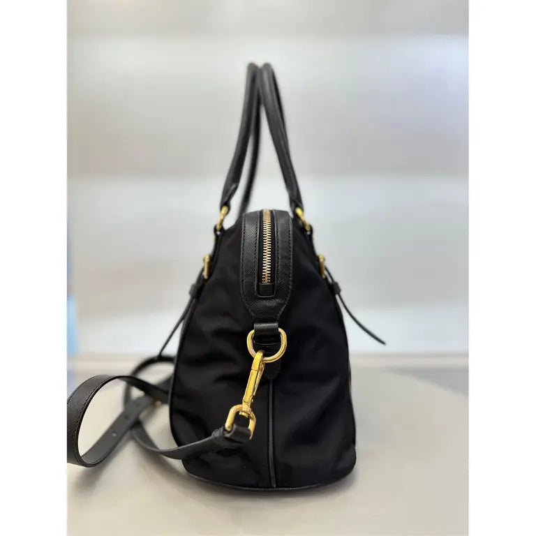 Prada Nylon and Saffiano Leather Dome Satchel in Black