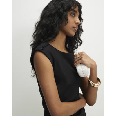 Black Ponte Sleeveless Button Detail Top