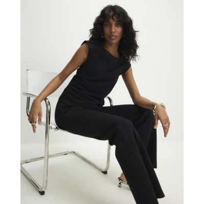 Black Ponte Sleeveless Button Detail Top