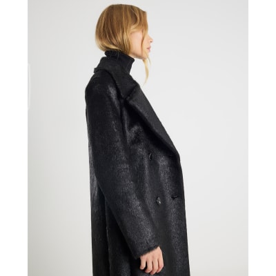 Black Pony Effect Double Breasted Coat