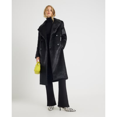 Black Pony Effect Double Breasted Coat