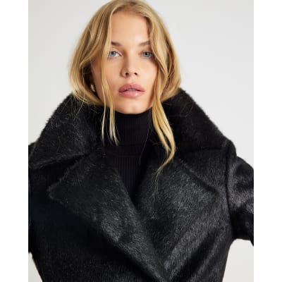 Black Pony Effect Double Breasted Coat