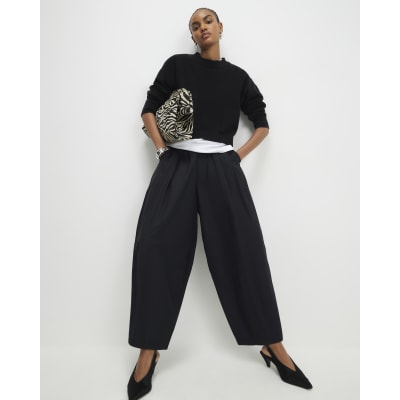 Black Poplin Barrel Leg Trousers