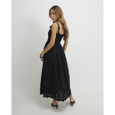 Black Poplin Broderie Tie Back Midi Dress