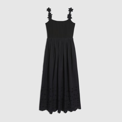 Black Poplin Broderie Tie Back Midi Dress