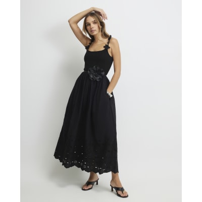 Black Poplin Broderie Tie Back Midi Dress