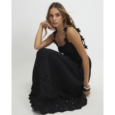 Black Poplin Broderie Tie Back Midi Dress