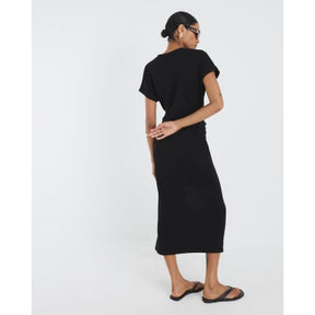 Black Premium Short Sleeve Knot Midi Dress