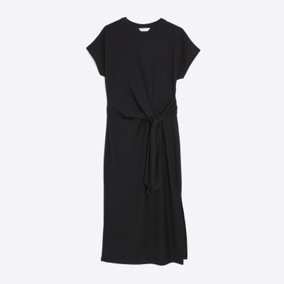 Black Premium Short Sleeve Knot Midi Dress