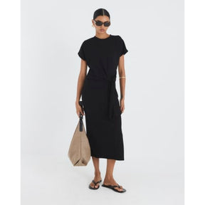 Black Premium Short Sleeve Knot Midi Dress