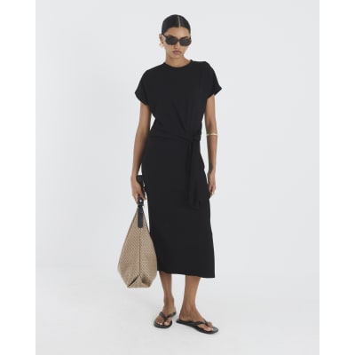 Black Premium Short Sleeve Knot Midi Dress