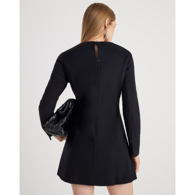 Black Premium Wool Blend Belted Skater Dress