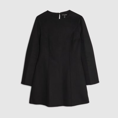 Black Premium Wool Blend Belted Skater Dress