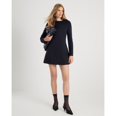 Black Premium Wool Blend Belted Skater Dress