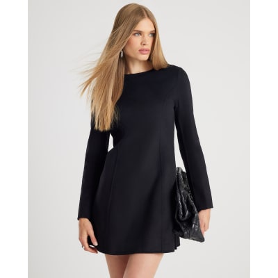 Black Premium Wool Blend Belted Skater Dress