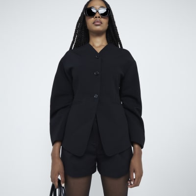 Black Puffed Sleeve Tailored Blazer
