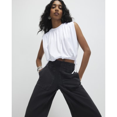 Black Pull On Elasticated Wide Leg Jeans