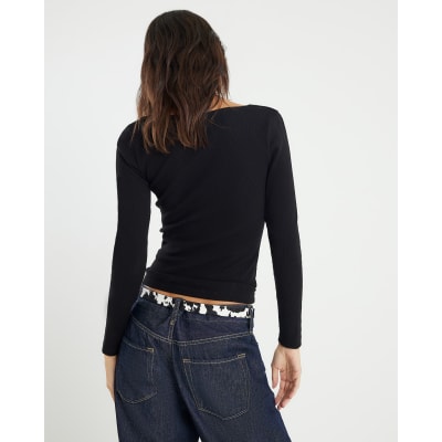 Black Ribbed Fitted Square Neck Top