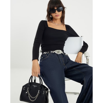Black Ribbed Fitted Square Neck Top