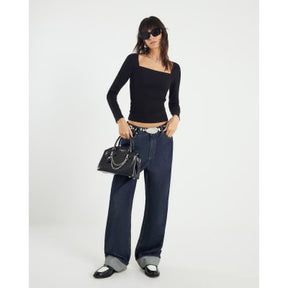 Black Ribbed Fitted Square Neck Top