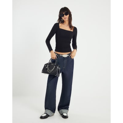 Black Ribbed Fitted Square Neck Top