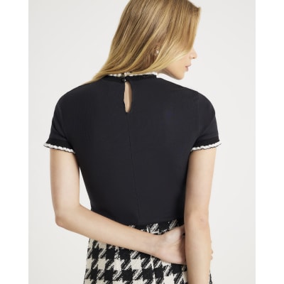 Black Ribbed Short Sleeve Bow Neck Fitted Top