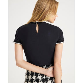 Black Ribbed Short Sleeve Bow Neck Fitted Top