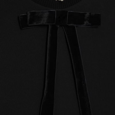 Black Ribbed Short Sleeve Bow Neck Fitted Top