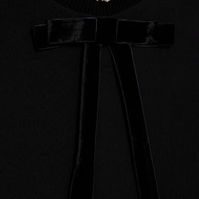 Black Ribbed Short Sleeve Bow Neck Fitted Top