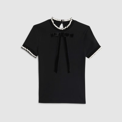 Black Ribbed Short Sleeve Bow Neck Fitted Top